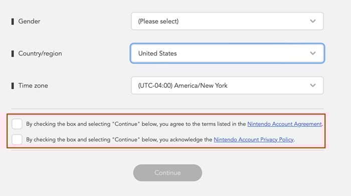 Nintendo create account form with consent checkboxes highlighted