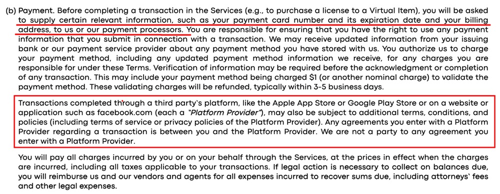 Playtika Terms of Service: Payment clause