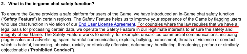 PUBG Privacy Policy: In-game chat safety function clause