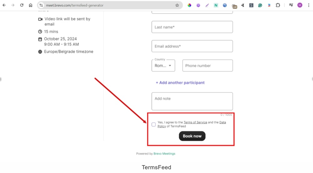 TermsFeed Brevo - The booking page Information form with a checkbox to consent to the legal agreements displayed
