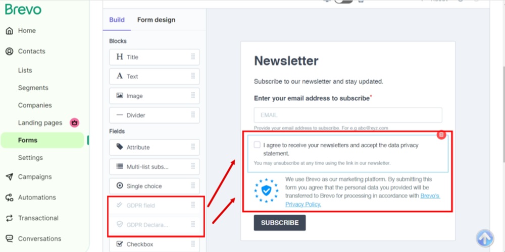TermsFeed Brevo - Contacts - Forms - Create a new subscription form - Design - The GDPR fields added