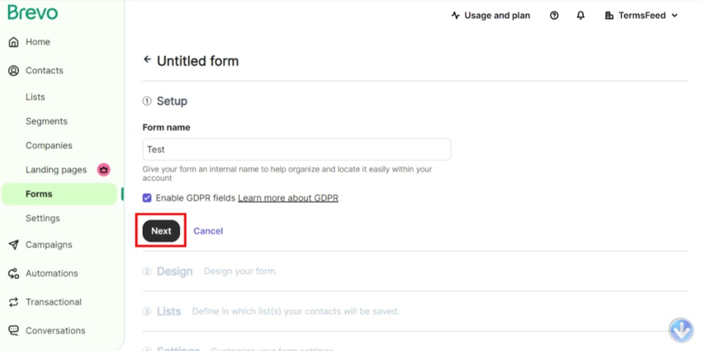TermsFeed Brevo - Contacts - Forms - Create a new subscription form - Enable the GDPR fields option - Next