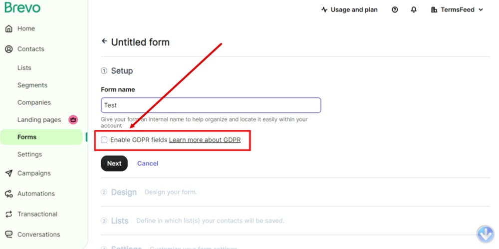 TermsFeed Brevo - Contacts - Forms - Create a new subscription form - Name form and enable the GDPR fields option