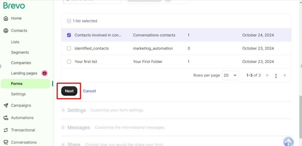 TermsFeed Brevo - Contacts - Forms - Create a new form - Select a list - Next