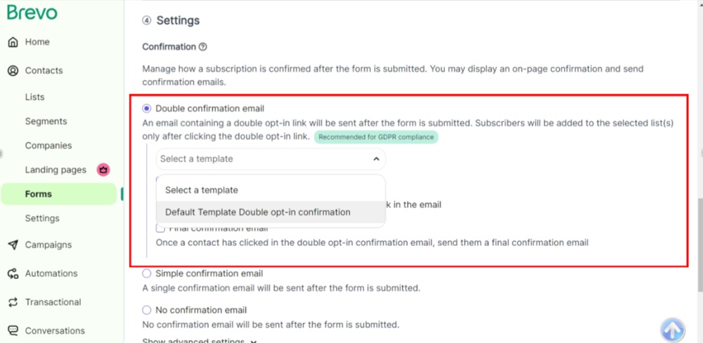 TermsFeed Brevo - Contacts - Forms - Create a new form - Select a template for your Double confirmation email - Next