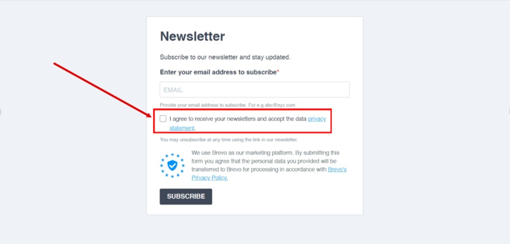 TermsFeed Brevo - Contacts - Forms - Create a new form - Share settings - Preview your form - displayed