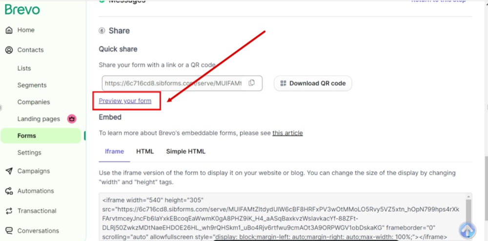 TermsFeed Brevo - Contacts - Forms - Create a new form - Share settings - Preview your form