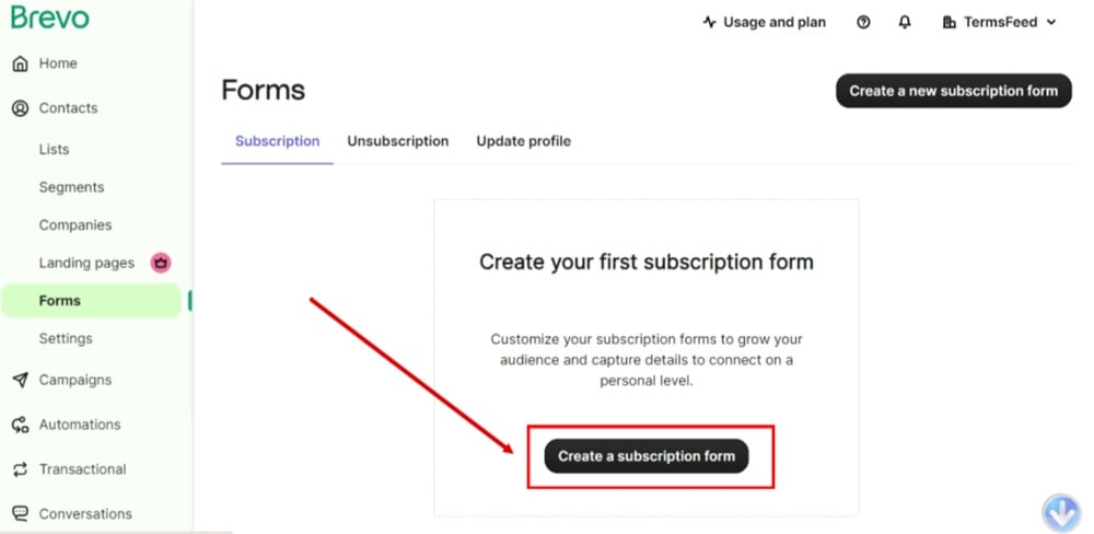 TermsFeed Brevo - Contacts - Forms - Create a new subscription form