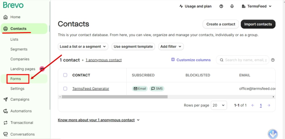 TermsFeed Brevo - Contacts - Forms