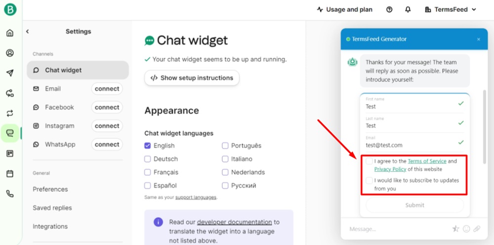TermsFeed Brevo - Conversations - Settings - Contact form - Chat widgtet preview of the Chatbot with Visitors consent displayed