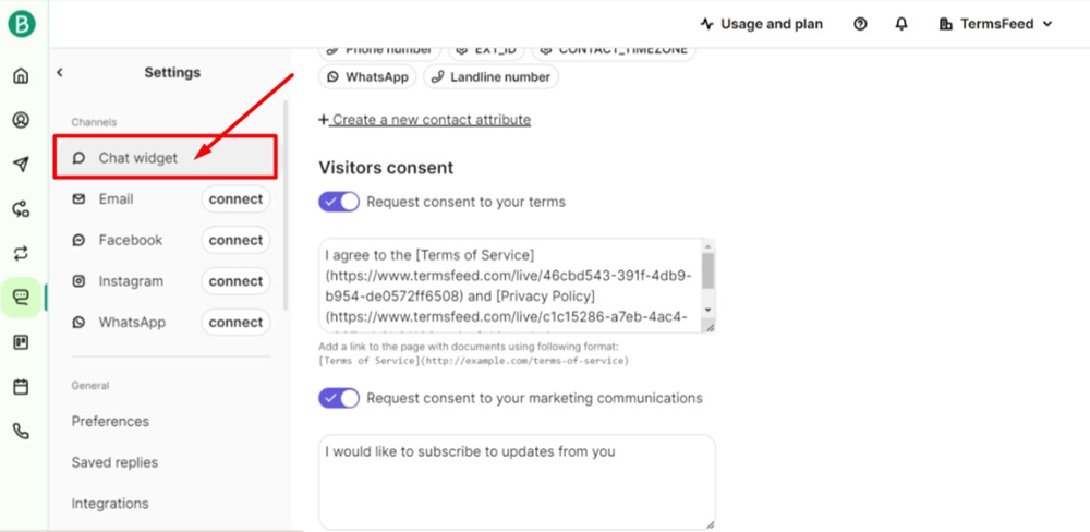 TermsFeed Brevo - Conversations - Settings - Contact form - Visitors consent updated - Chat widget
