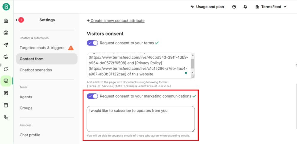 TermsFeed Brevo - Conversations - Settings - Contact form - Visitors consent to marketing communications enabled