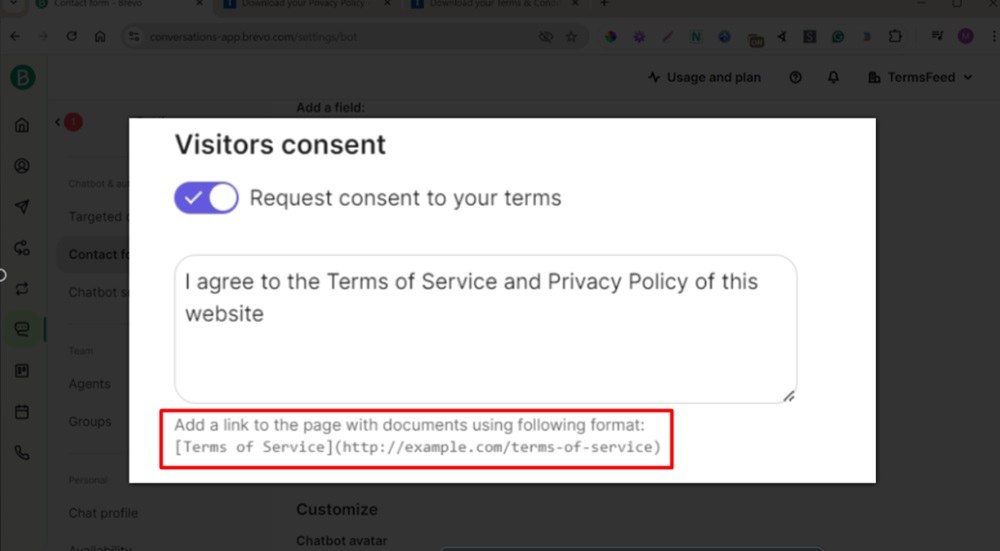 TermsFeed Brevo - Conversations - Settings - Contact form - Visitors consent to terms enabled