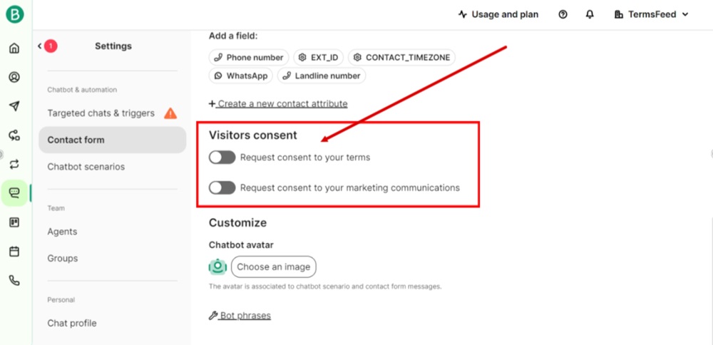 TermsFeed Brevo - Conversations - Settings - Contact form - Visitors consent