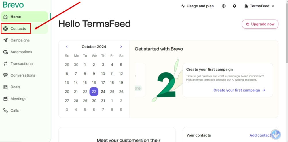 TermsFeed Brevo - Dashboard - Contacts