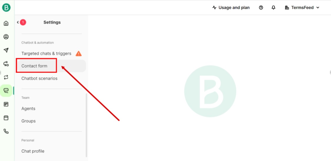 TermsFeed Brevo - Dashboard - Conversations - Settings - Contact form