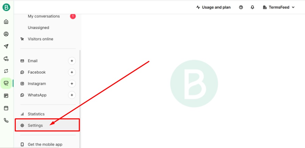 TermsFeed Brevo - Dashboard - Conversations - Settings