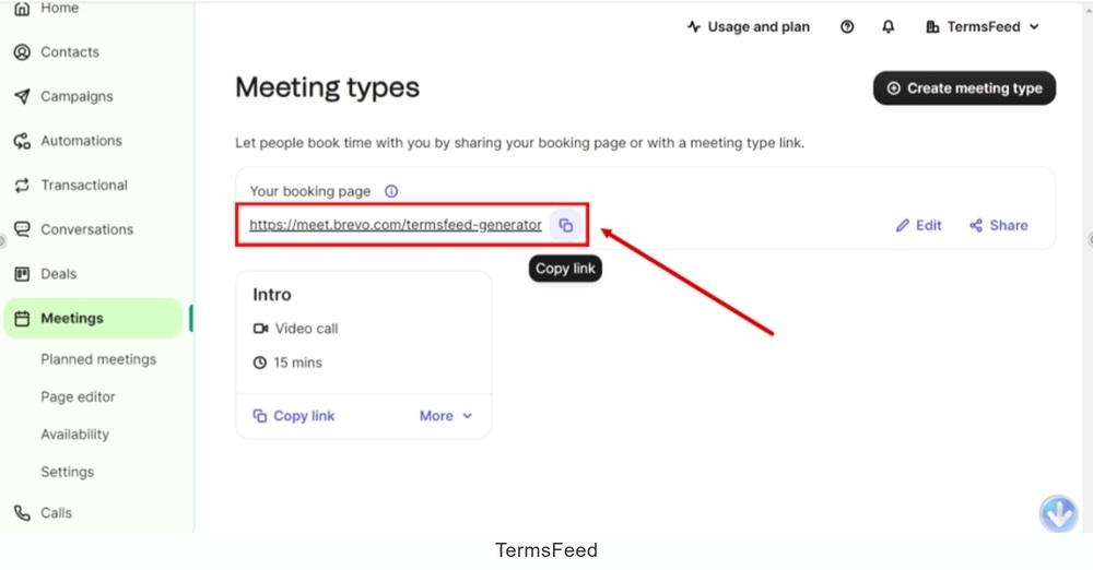 TermsFeed Brevo - Dashboard - Meetings - Booking page link - copy