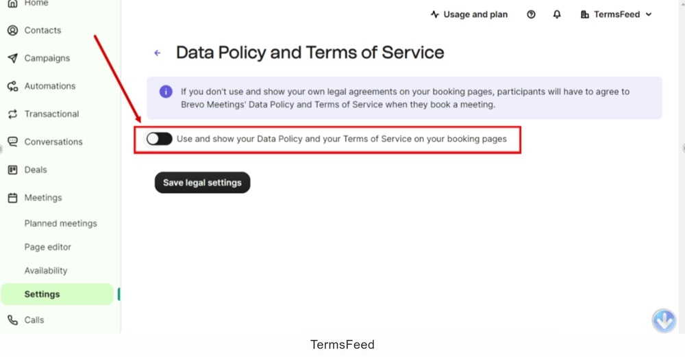 TermsFeed Brevo - Dashboard - Meetings - Settings - Data Policy and Terms of Service - Enable option