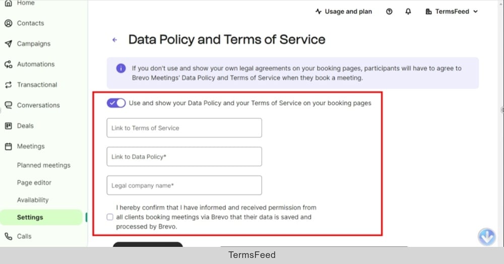 TermsFeed Brevo - Dashboard - Meetings - Settings - Data Policy and Terms of Service - Enabled with new fields shown