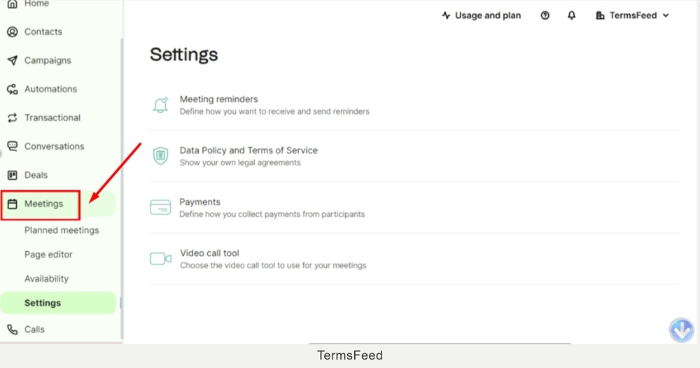 TermsFeed Brevo - Dashboard - Meetings - Settings - Data Policy and Terms of Service - Legal agreements are updated - Meetings