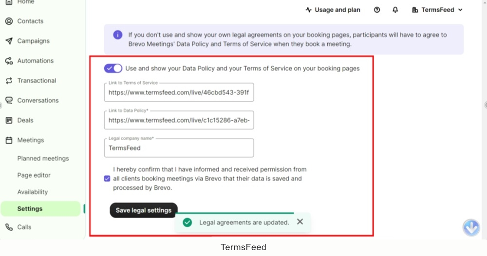 TermsFeed Brevo - Dashboard - Meetings - Settings - Data Policy and Terms of Service - Legal agreements are updated