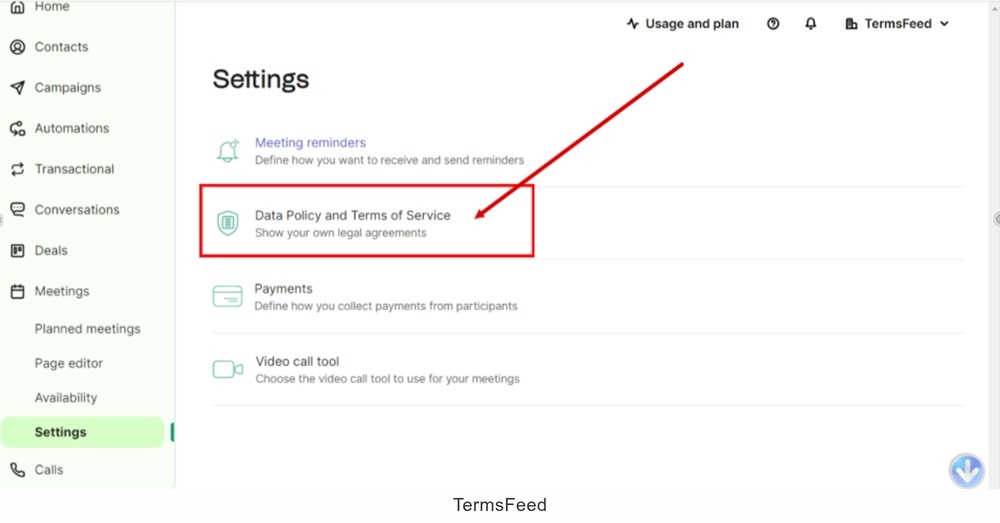 TermsFeed Brevo - Dashboard - Meetings - Settings - Data Policy and Terms of Service sectio