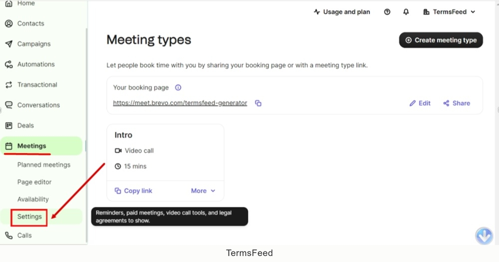TermsFeed Brevo - Dashboard - Meetings - Settings