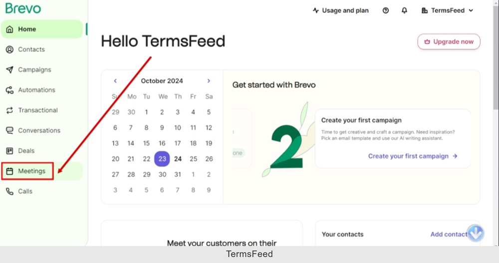 TermsFeed Brevo - Dashboard - Meetings