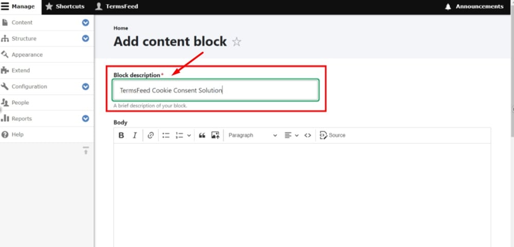 TermsFeed Drupal - Manage - Structure - Add content block - Add Block description