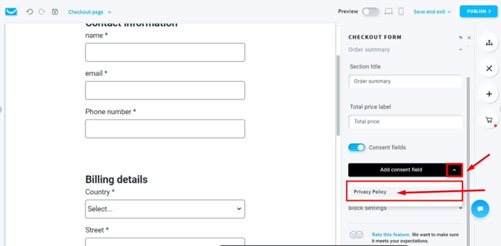 TermsFeed GetResponse - Website edit - The Checkout page form - Order summary - Enable Consent fields - Select Privacy Policy to add