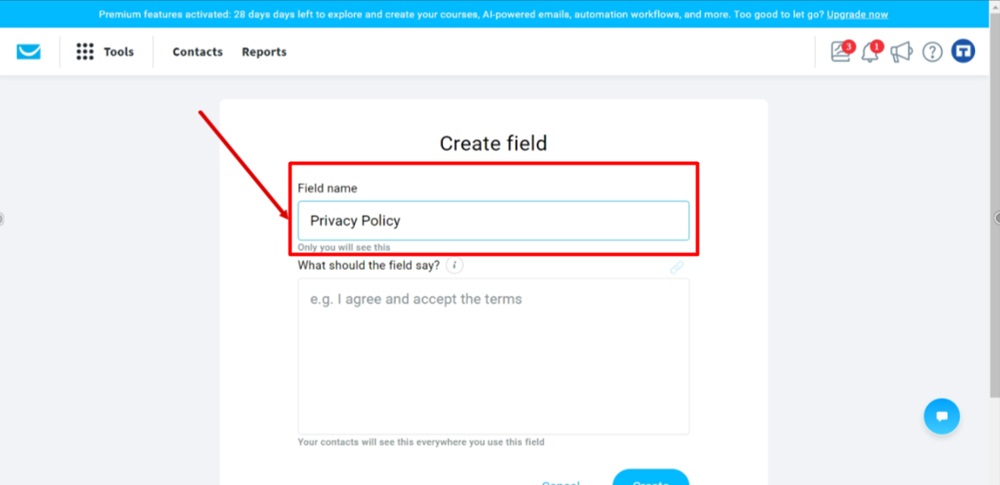 TermsFeed GetResponse - Dashboard - Profile - Manage account - Consent fields - Create - Field name Privacy Policy