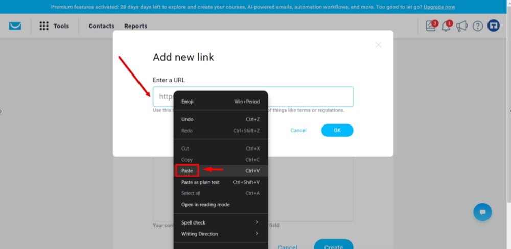 TermsFeed GetResponse - Dashboard - Profile - Manage account - Consent fields - Create - What should this field say - I agree to the Privacy Policy - Add new Link - Paste