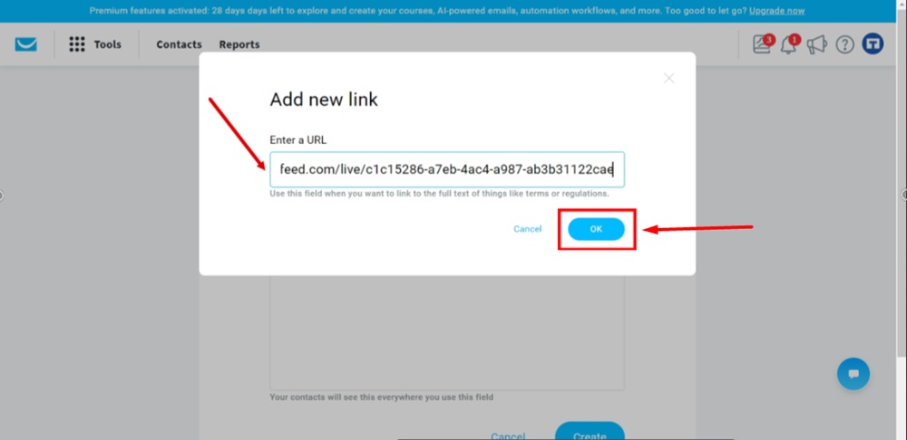 TermsFeed GetResponse - Dashboard - Profile - Manage account - Consent fields - Create - What should this field say - I agree to the Privacy Policy - Add new Link - Pasted - OK