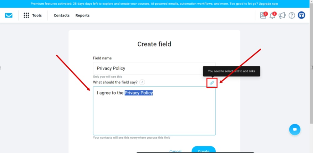TermsFeed GetResponse - Dashboard - Profile - Manage account - Consent fields - Create - What should this field say - I agree to the Privacy Policy - select and click the Link icon