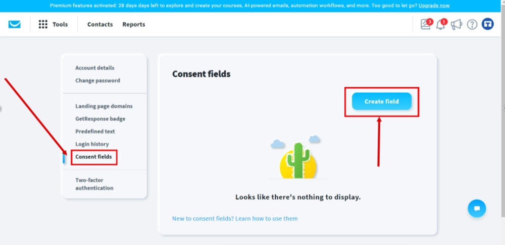 TermsFeed GetResponse - Dashboard - Profile - Manage account - Consent fields - Create