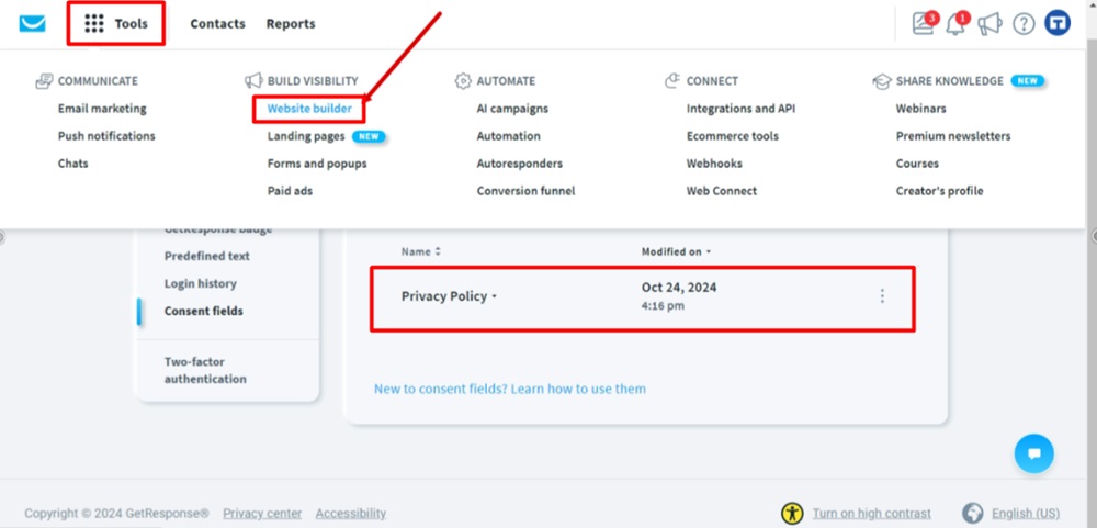 TermsFeed GetResponse - Dashboard - Profile - Manage account - Consent fields - Privacy Policy added - Tools - Website builder