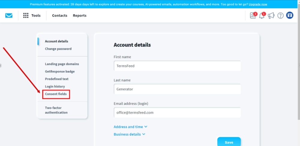 TermsFeed GetResponse - Dashboard - Profile - Manage account - Consent fields