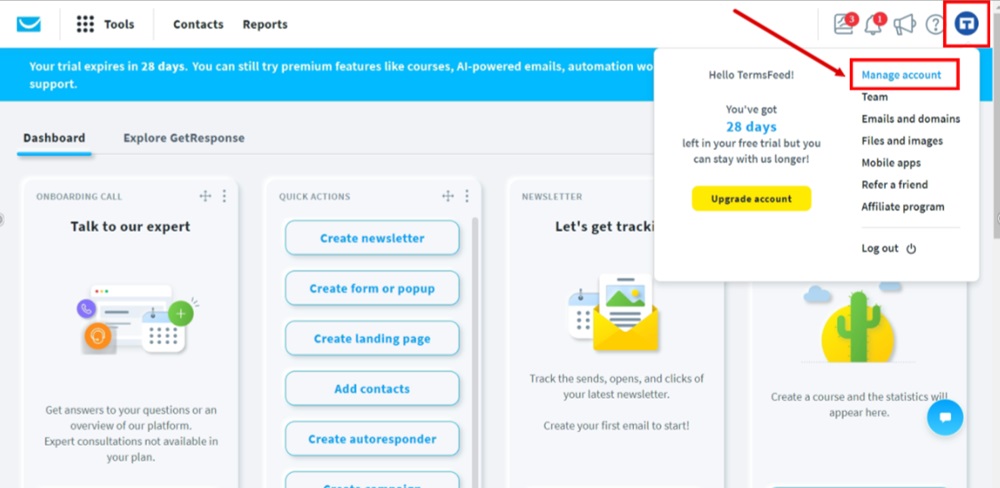 TermsFeed GetResponse - Dashboard - Profile - Manage account