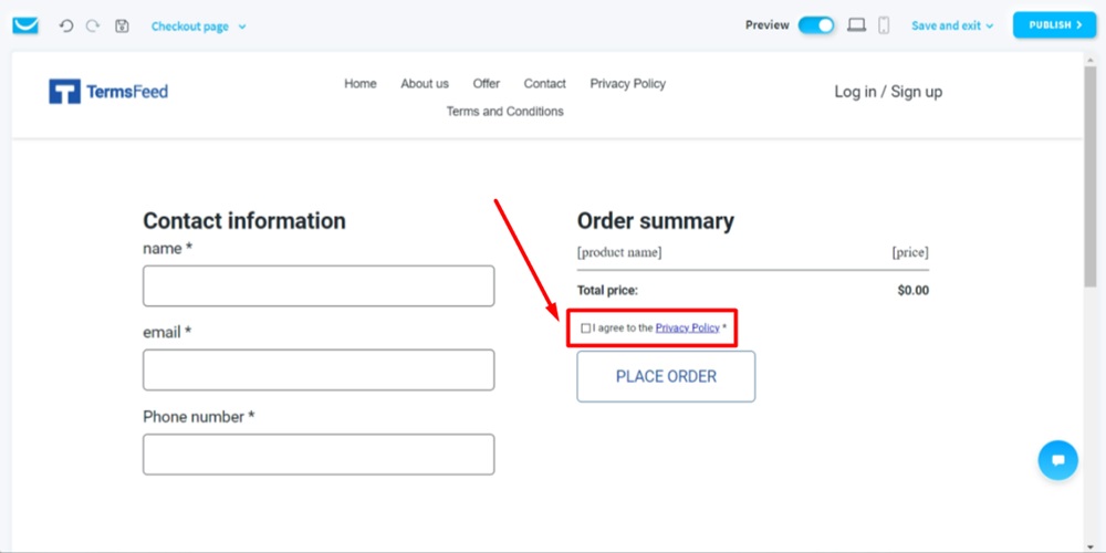 TermsFeed GetResponse - Website edit - The Checkout page form - edited - Preview - Privacy Policy consent field - Displayed