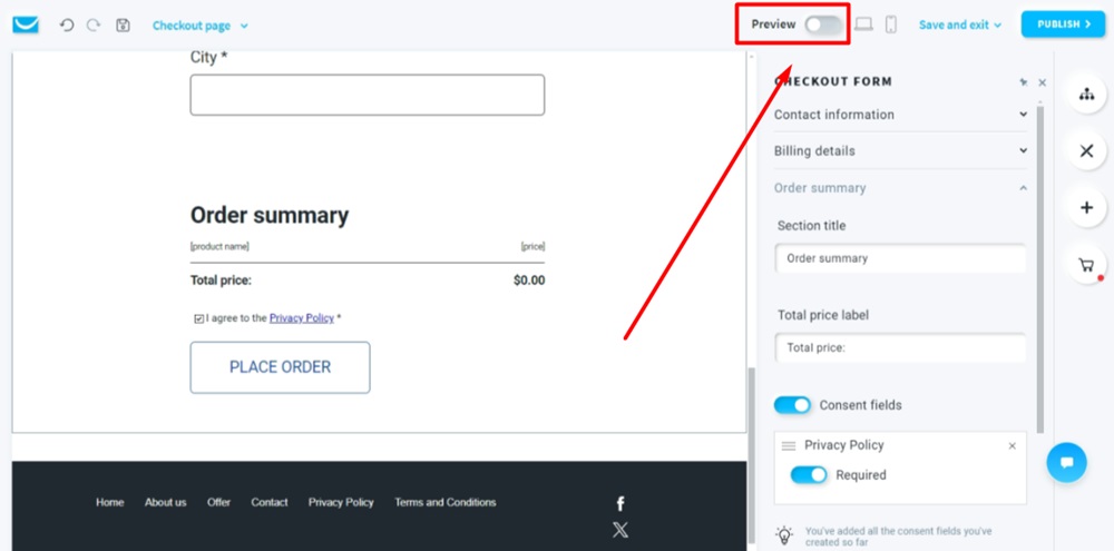 TermsFeed GetResponse - Website edit - The Checkout page form - edited - Preview