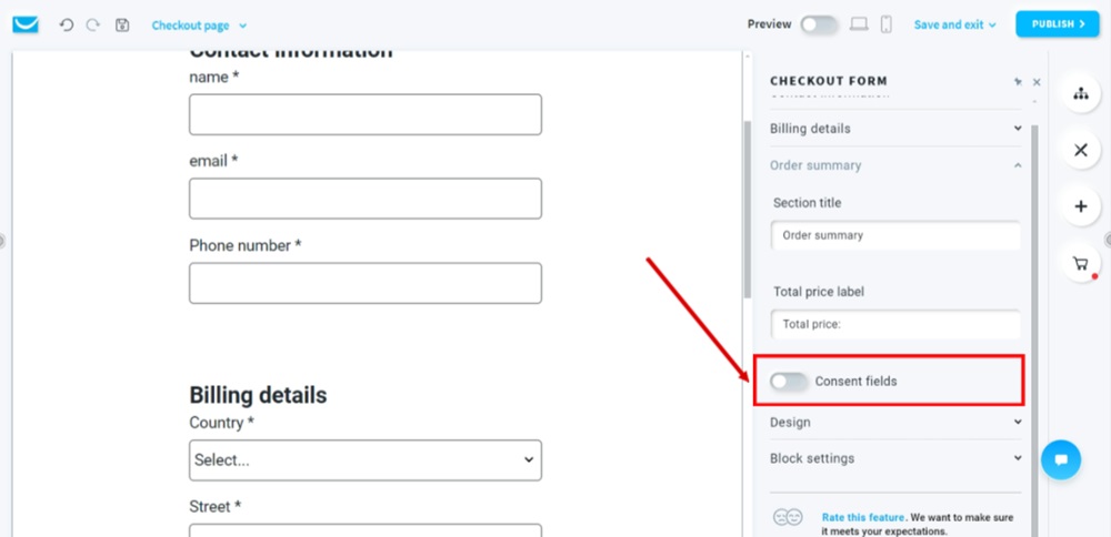 TermsFeed GetResponse - Website edit - The Checkout page form - Order summary - Enable Consent fields