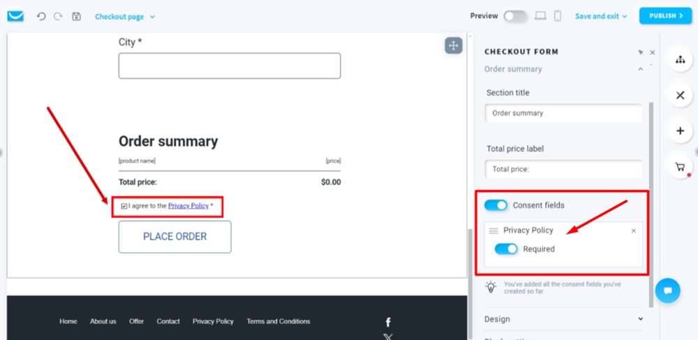 TermsFeed GetResponse - Website edit - The Checkout page form - Order summary - Enabled Consent fields - Privacy Policy added
