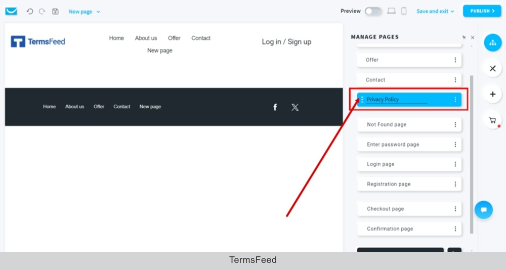 TermsFeed GetResponse - Website - Edit - Manage Pages  -Add new blank page - Name page