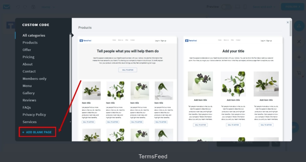 TermsFeed GetResponse - Website - Edit - Manage Pages  -Add new blank page