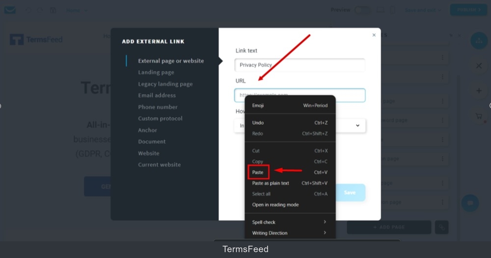 TermsFeed GetResponse - Website - Edit - Manage Pages  - Add new link Text - Privacy Policy - URL - paste