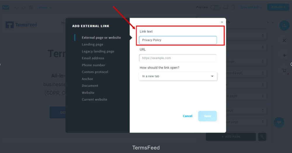 TermsFeed GetResponse - Website - Edit - Manage Pages  - Add new link Text - Privacy Policy