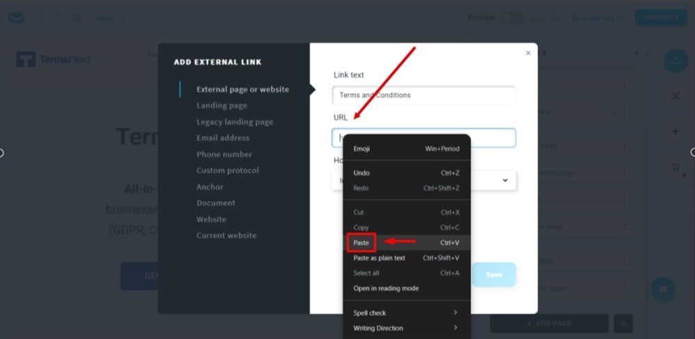 TermsFeed GetResponse - Website - Edit - Manage Pages  - Add new link Text - Terms and Conditions - URL - paste