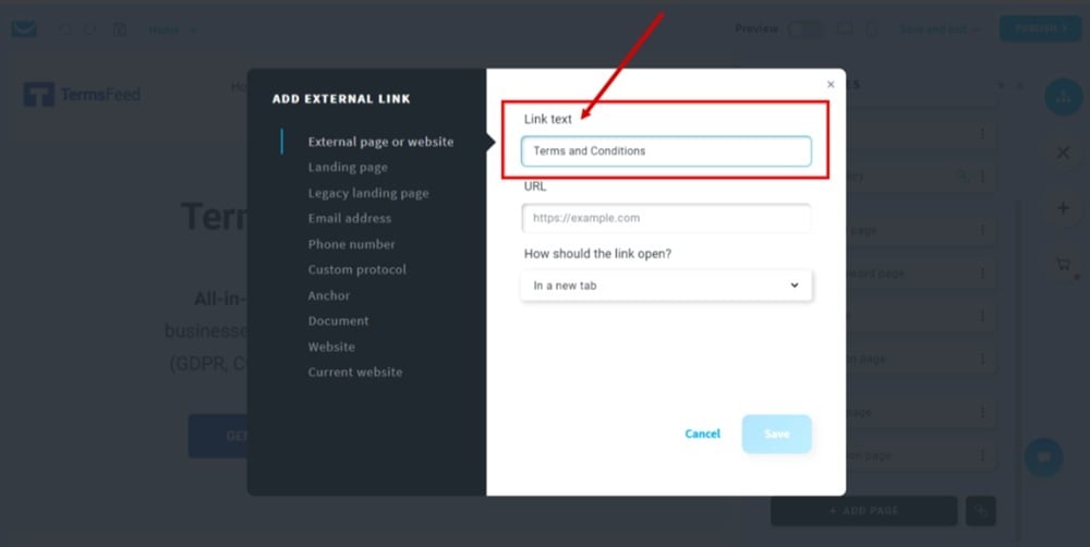 TermsFeed GetResponse - Website - Edit - Manage Pages  - Add new link Text - Terms and Conditions