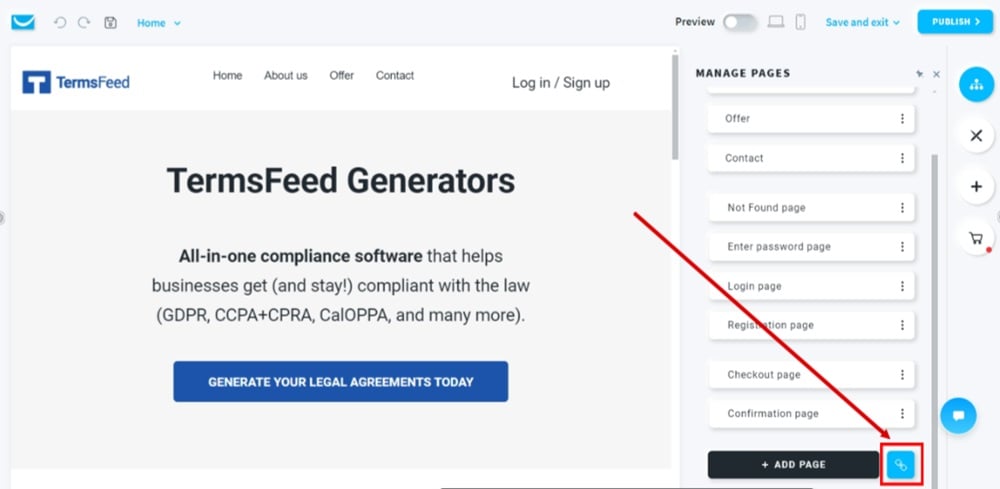 TermsFeed GetResponse - Website - Edit - Manage Pages  - Add new link